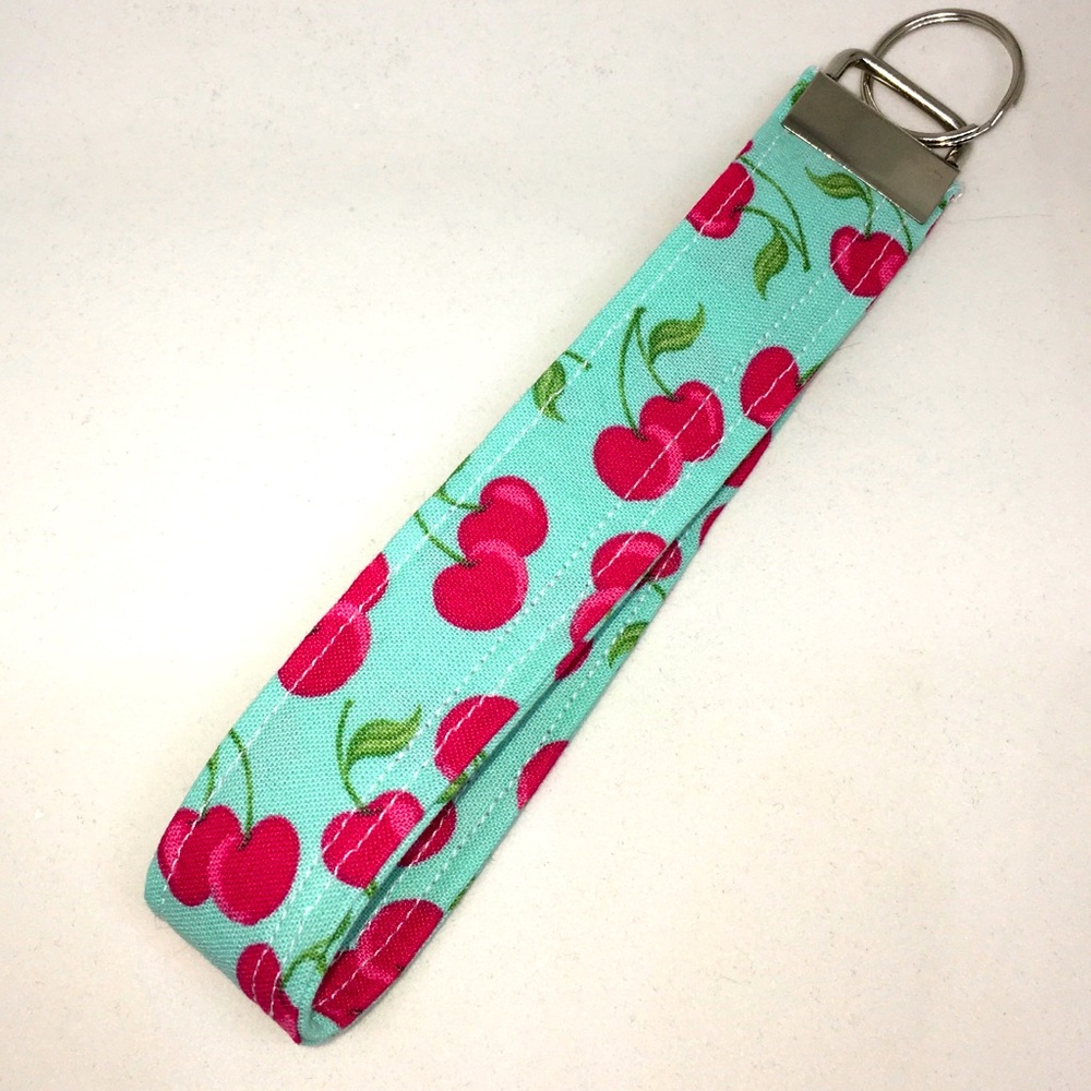 Key Fob Wristlet Keychain In Blue Cherry Print